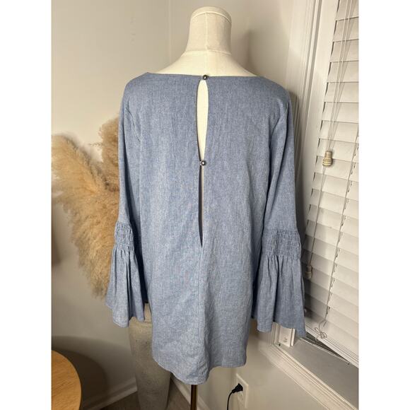 Free People Chambray Flare Sleeve Mini Dress Romper Womens XS Deep V Playsuit - Picture 7 of 10